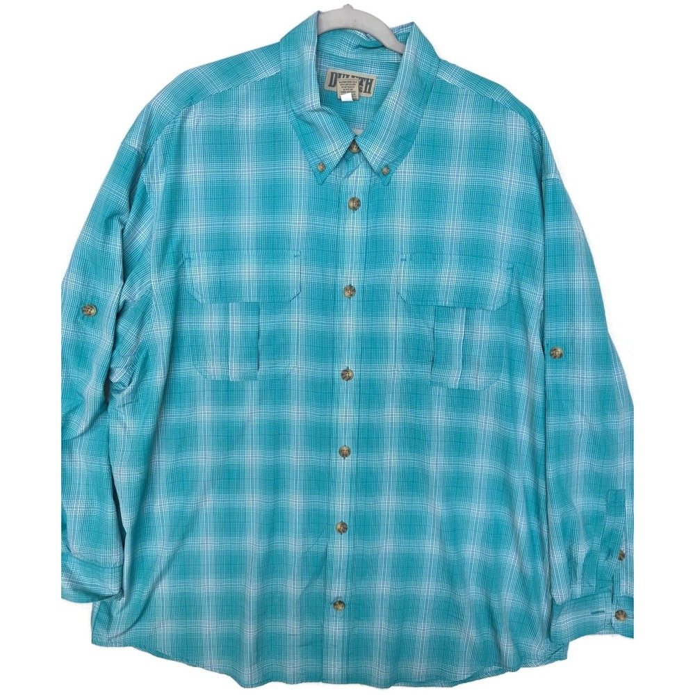Duluth Trading Co Shirt Mens 2XL Blue Check Long Sleeve Button Fishing Outdoor